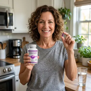 Woman holding a Sodatide bottle and a capsule in her kitchen